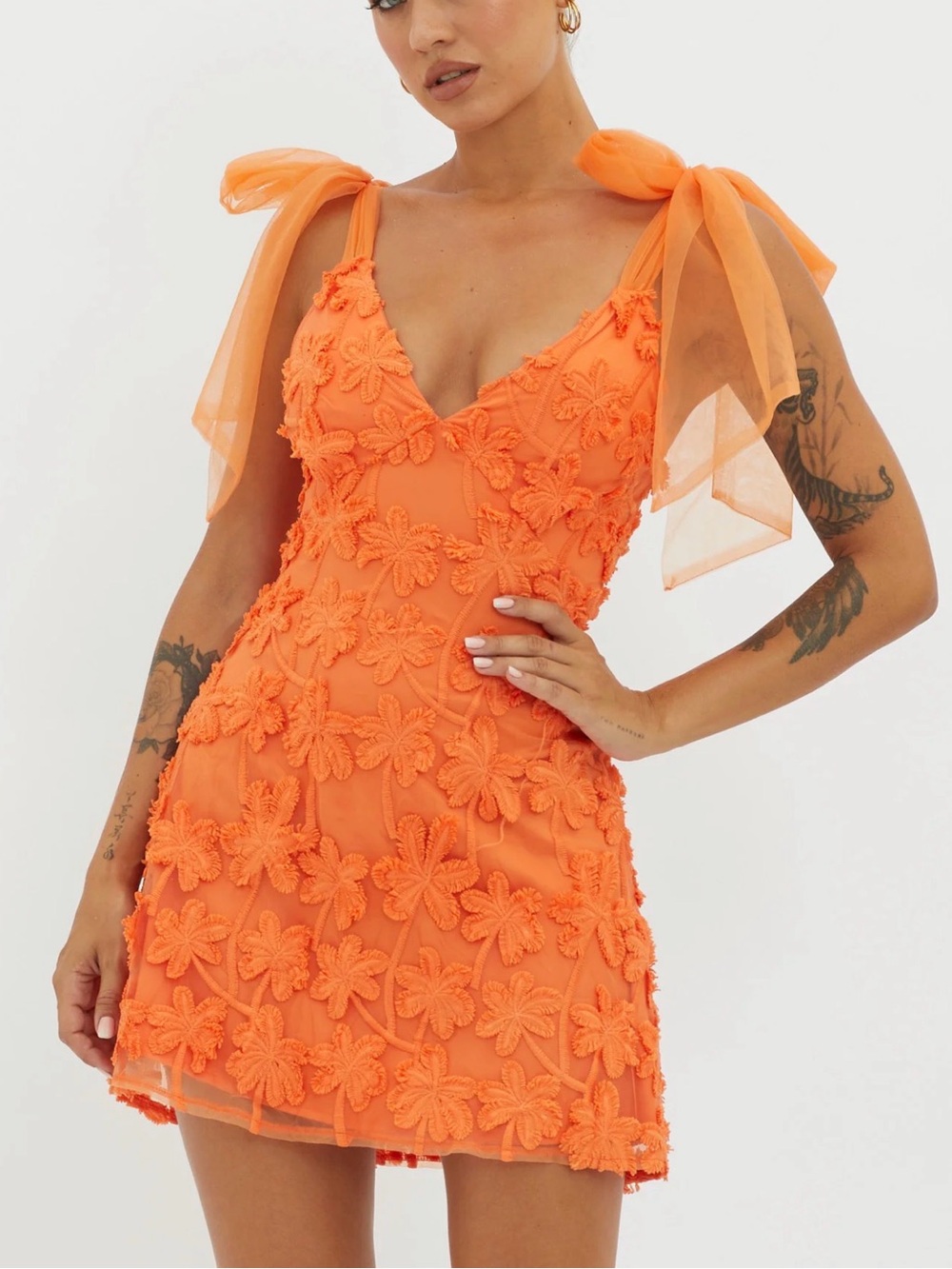 Selfie Leslie Orange Floral Applique Tie-Shoulder Mini Dress